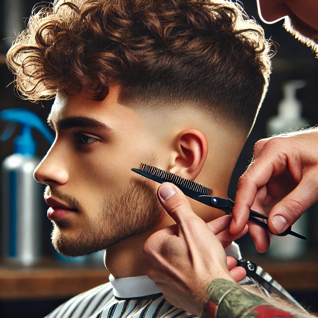 Barber giving a sharp edge-up to a man with a curly Edgar haircut.