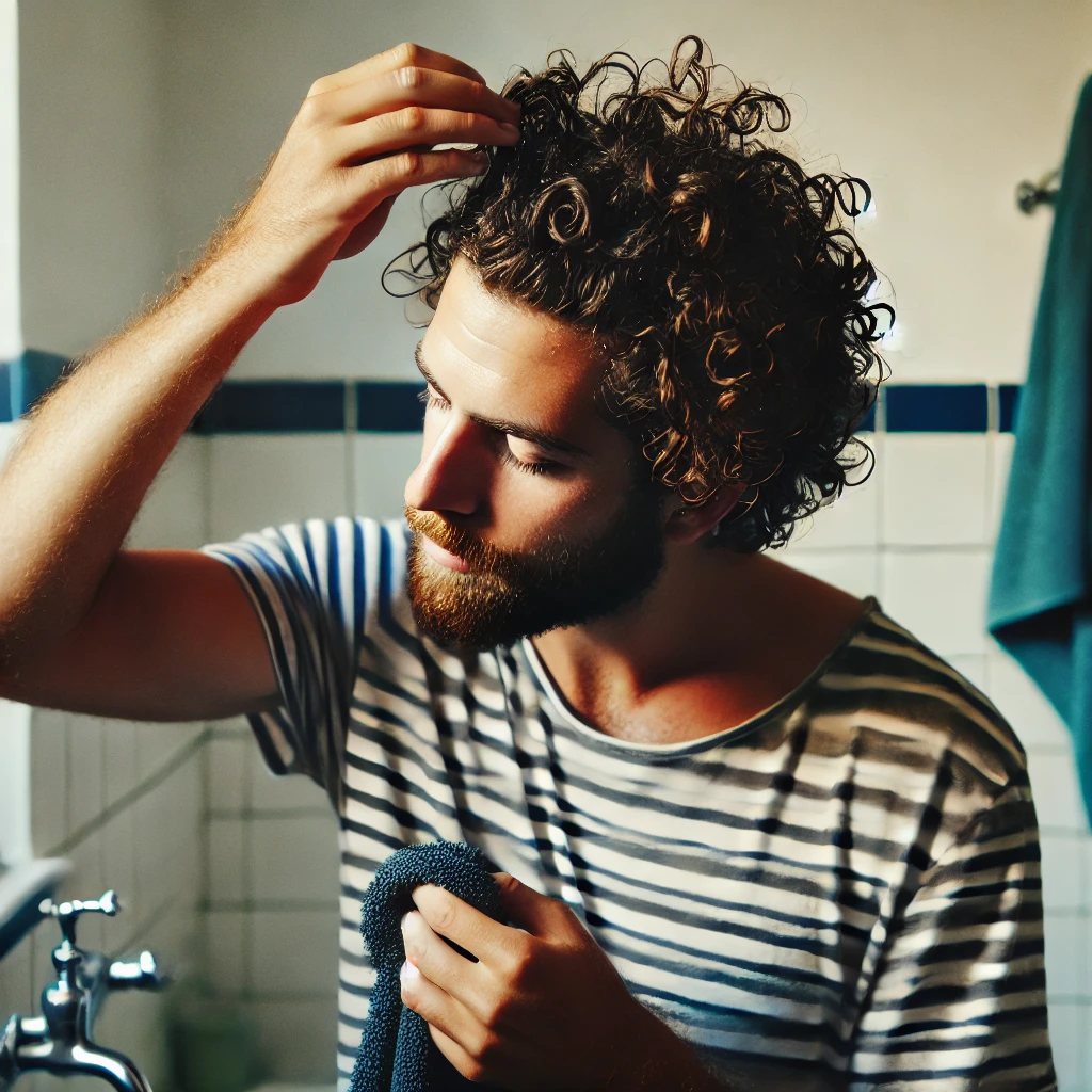 A man with curly hair applying leave-in conditioner to keep his Edgar haircut hydrated.