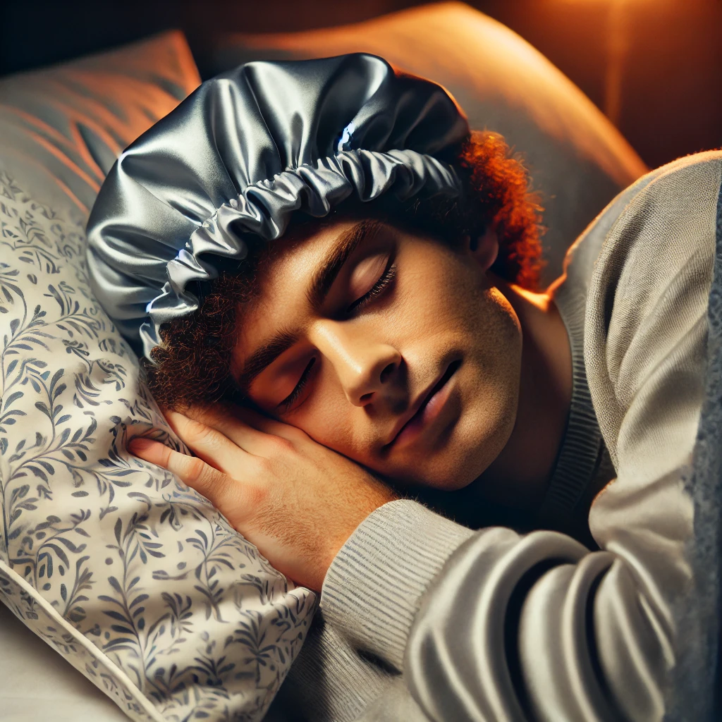 Man sleeping with satin pillowcase and bonnet to protect his fluffy curly Edgar haircut.
