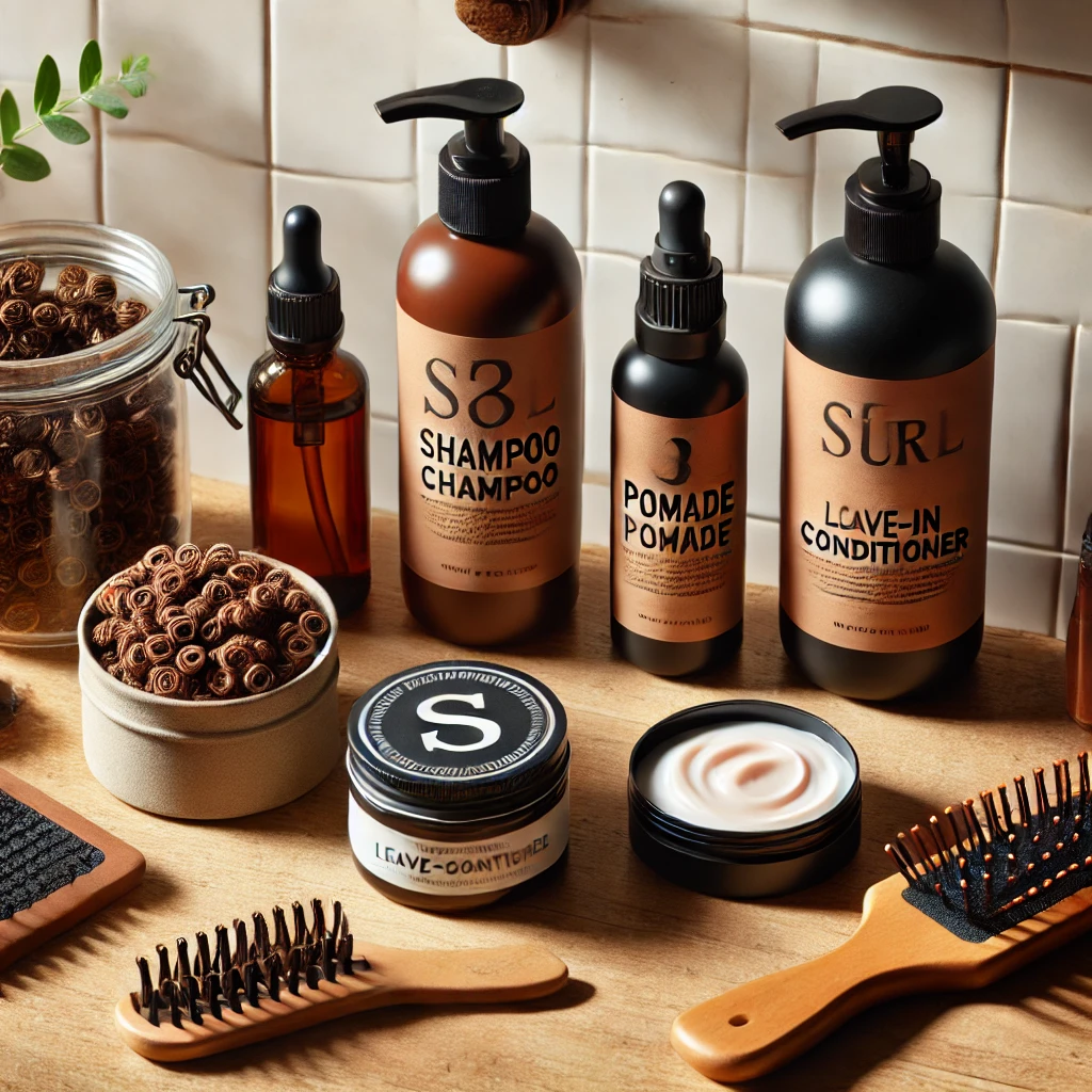 Curl care products arranged neatly for maintaining a fluffy Edgar haircut.