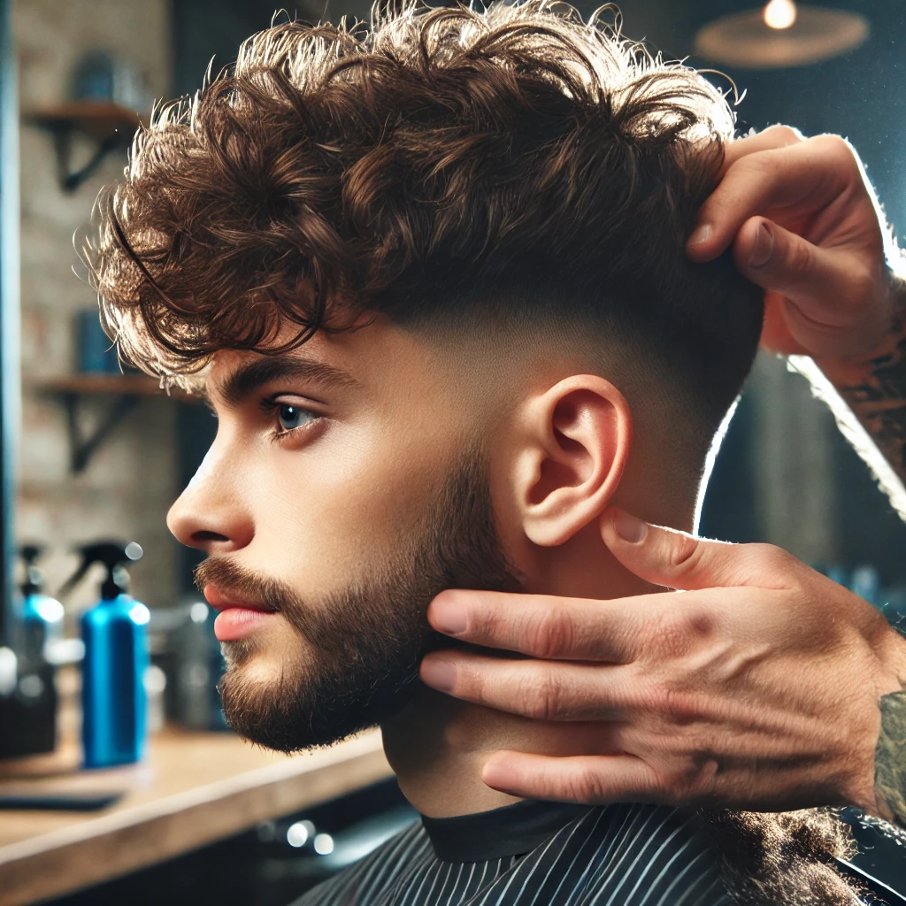  Barber trimming the fringe of a curly-haired man with a fluffy Edgar haircut.