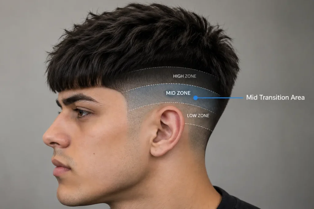 Edgar haircut diagram showing low, mid and high taper transition zones