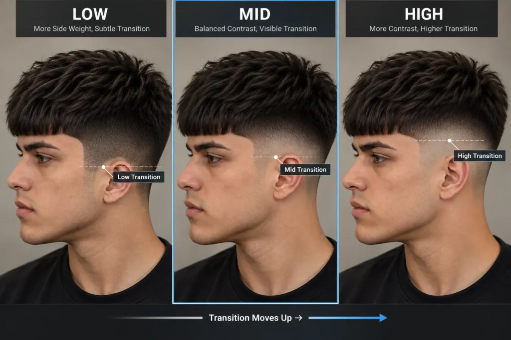 Low, mid and high taper Edgar haircut comparison showing different transition heights