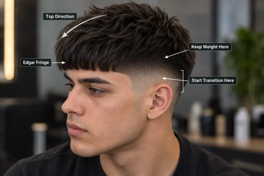 Mid Taper Edgar barber reference showing transition height, side weight, fringe and top direction