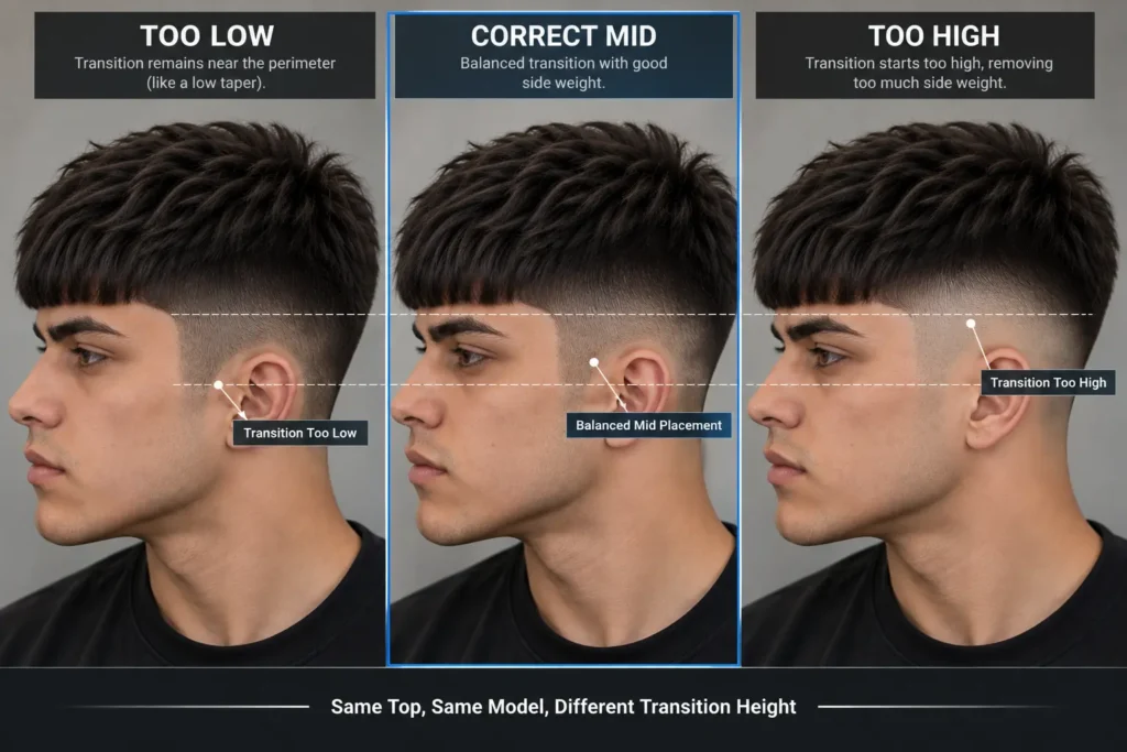 Mid Taper Edgar comparison showing transition too low, correct mid placement and transition too high