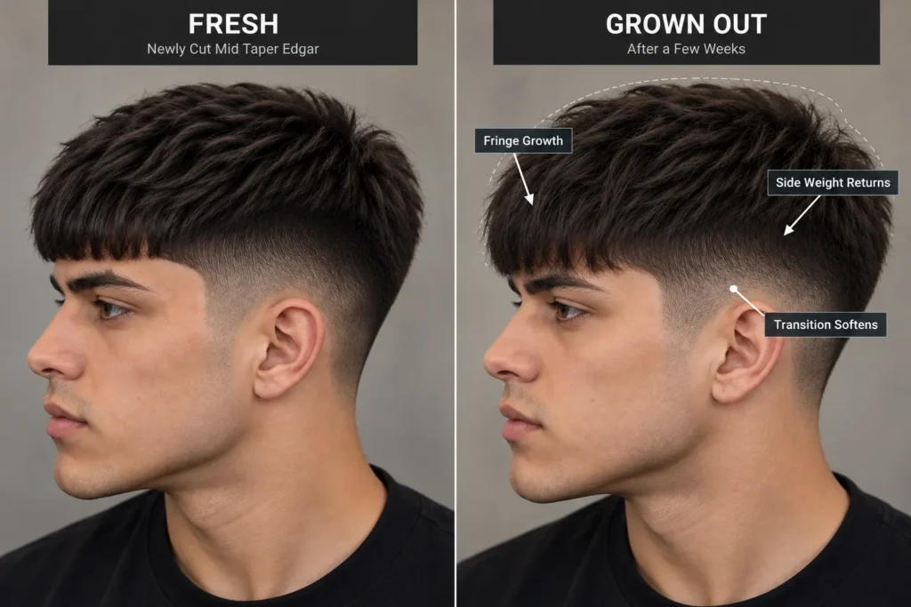 Fresh and grown-out Mid Taper Edgar showing transition softening, returning side weight and fringe growth
