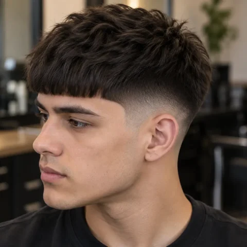 Mid Taper Edgar haircut with a defined fringe and balanced mid-height side transition
