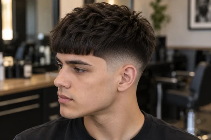 Mid Taper Edgar haircut with a defined fringe and balanced mid-height side transition