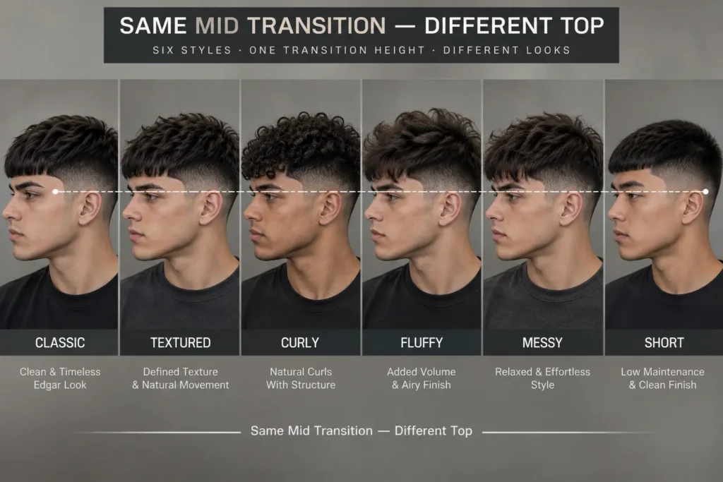 Mid Taper Edgar styles with classic, textured, curly, fluffy, messy and short tops