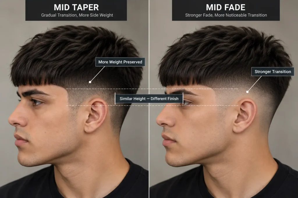 Mid Taper Edgar and Mid Fade Edgar comparison showing differences in side transition