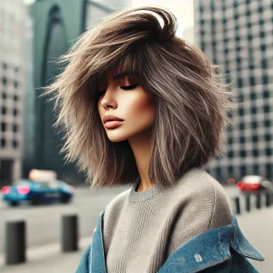 Trendy woman with a modern wolf cut hairstyle featuring shaggy layers and choppy bangs, posing in urban outdoor setting