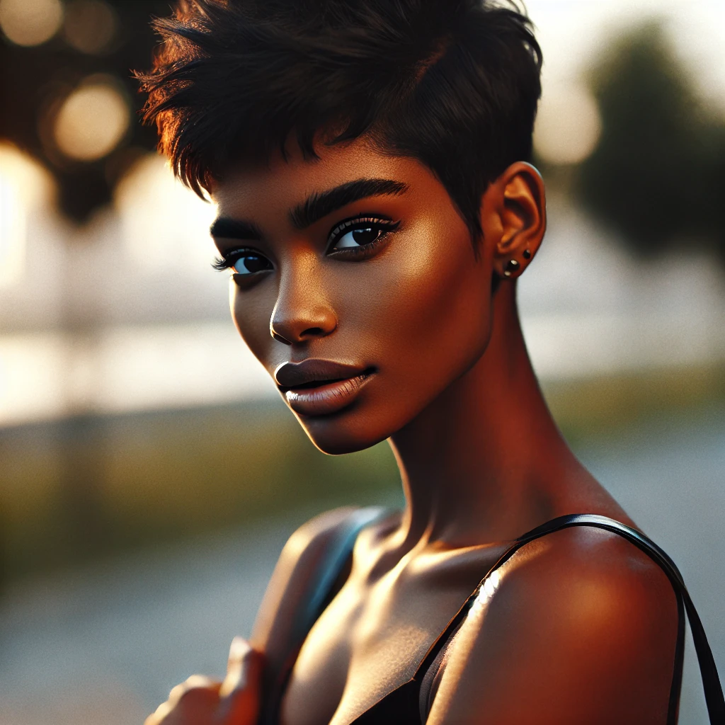 Black woman with a tapered pixie cut and defined facial features posing confidently outdoors