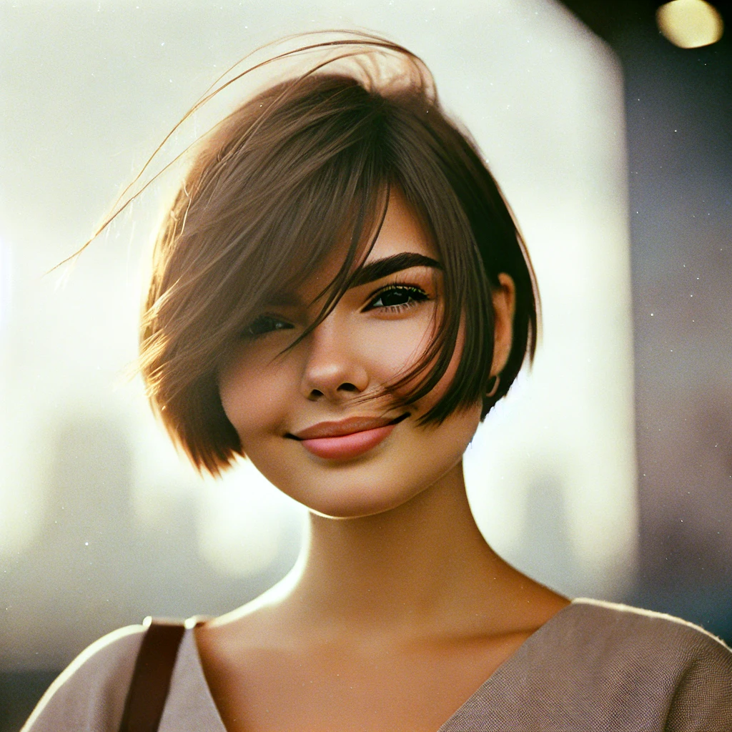 Woman with a round face and thin hair wearing a long pixie cut with asymmetrical fringe