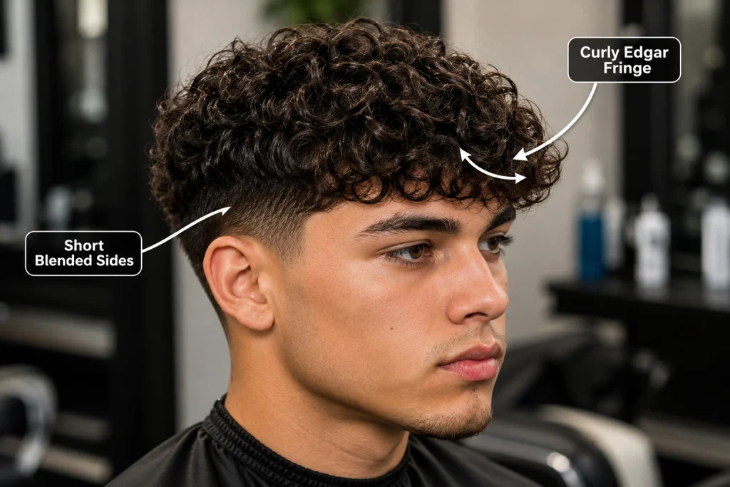 Classic curly Edgar haircut showing the forward textured fringe and short blended sides