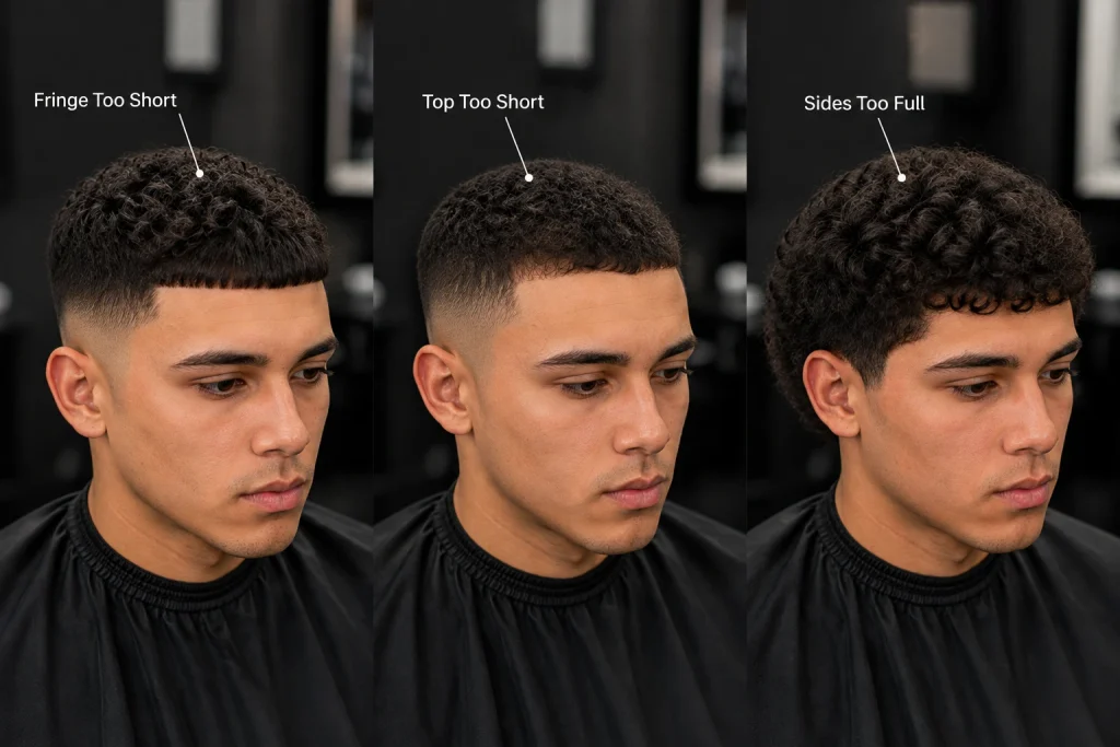 Common curly Edgar haircut mistakes including a short fringe, excessive top trimming and overgrown sides