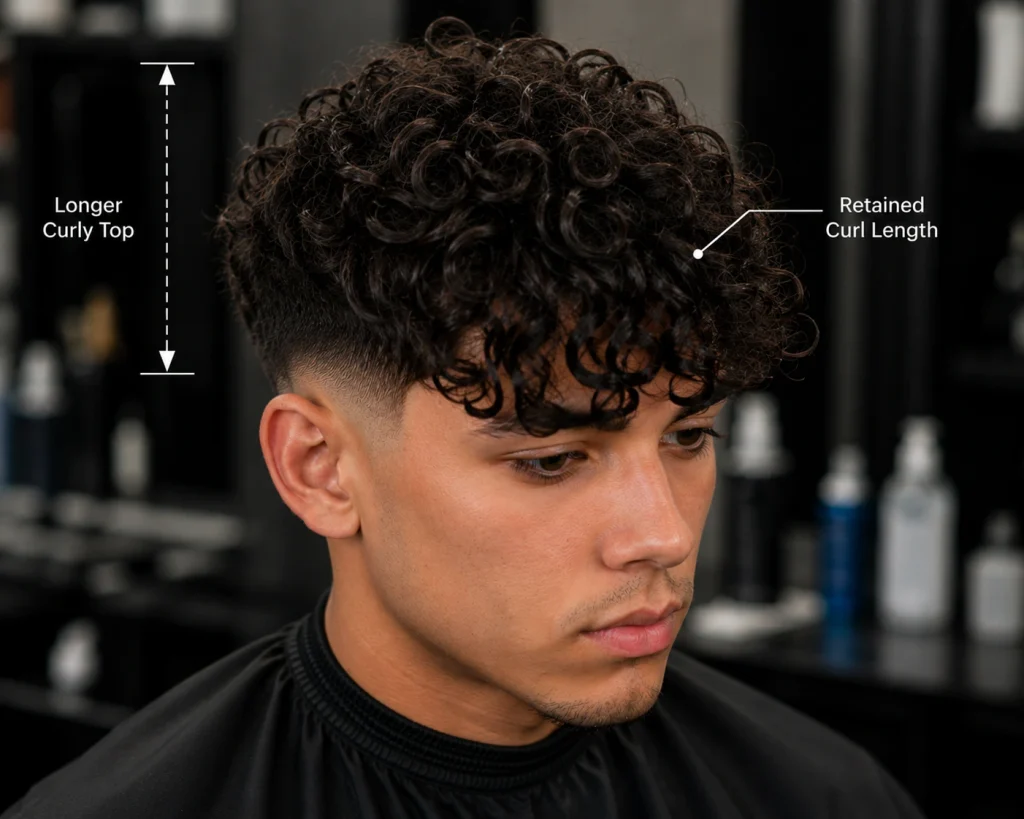 Curly Edgar haircut with longer curls retained on top and a textured forward fringe