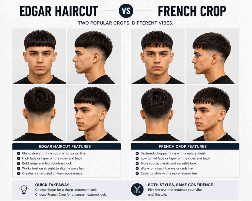 Edgar haircut compared with a French Crop hairstyle
