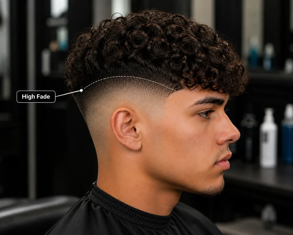 High fade curly Edgar haircut showing the high fade transition near the upper temple