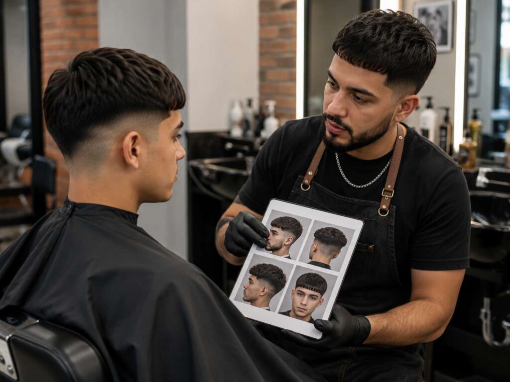 Barber consultation before an Edgar haircut