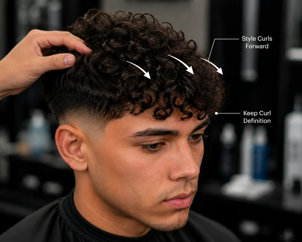 Curly Edgar haircut showing curls styled forward while maintaining natural curl definition