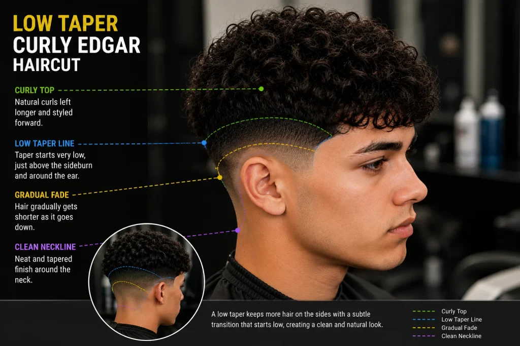 Curly Edgar haircut with a low taper and textured top