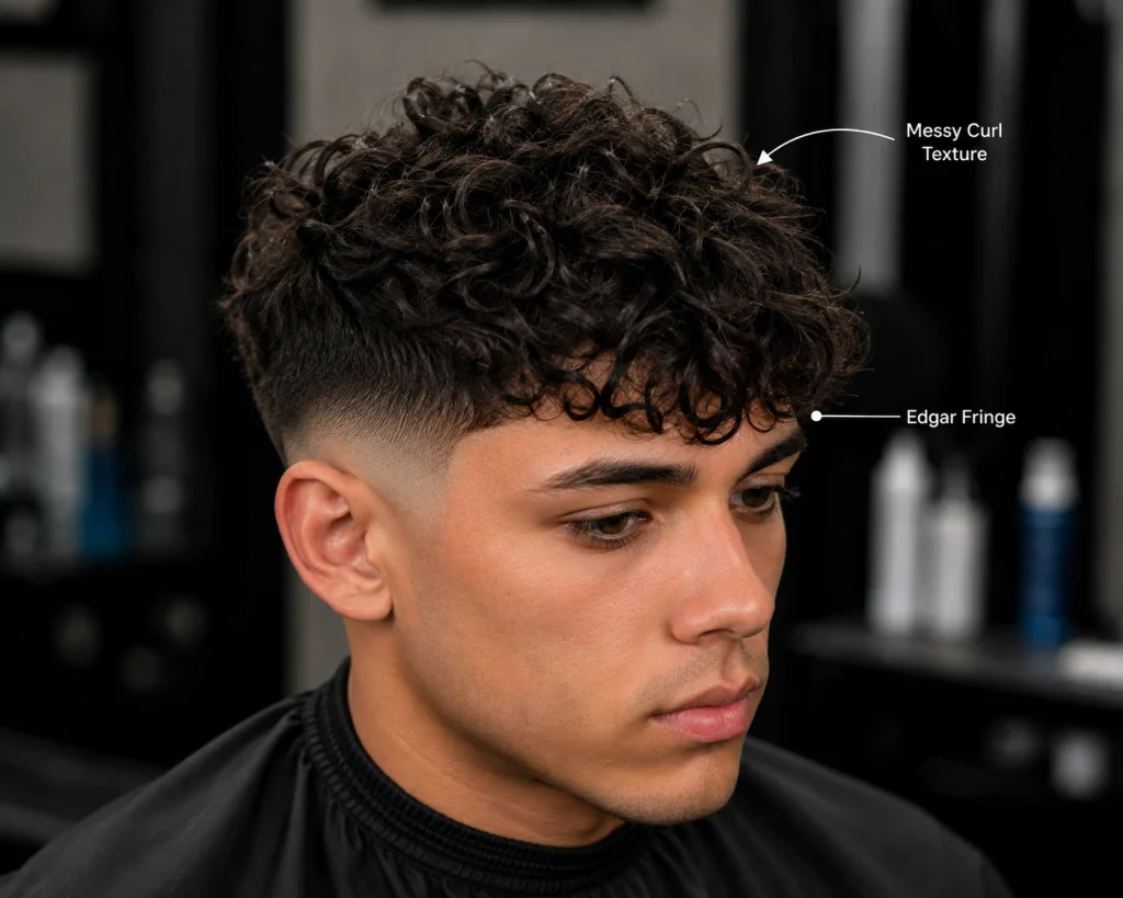 Messy curly Edgar haircut showing irregular curl texture and a defined Edgar fringe
