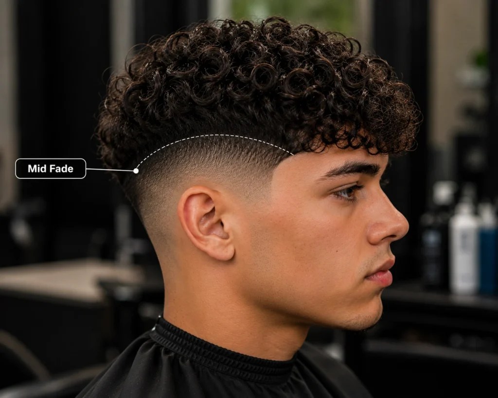 Mid fade curly Edgar haircut with the mid-level fade transition marked above the ear
