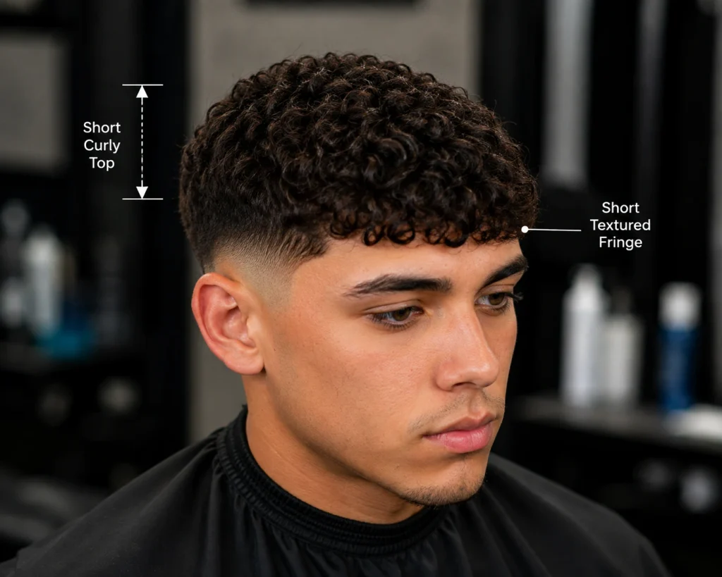 Short curly Edgar haircut showing compact curls on top and a short textured fringe