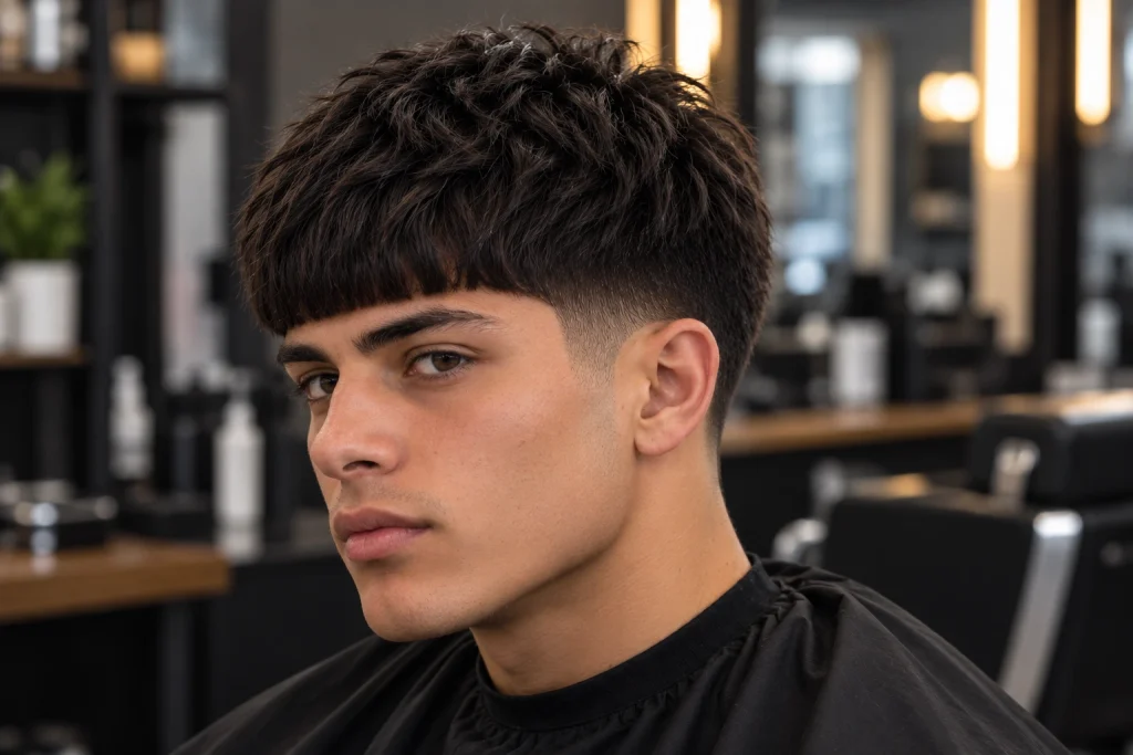 Classic Low Taper Edgar haircut showing a defined fringe and low sideburn taper
