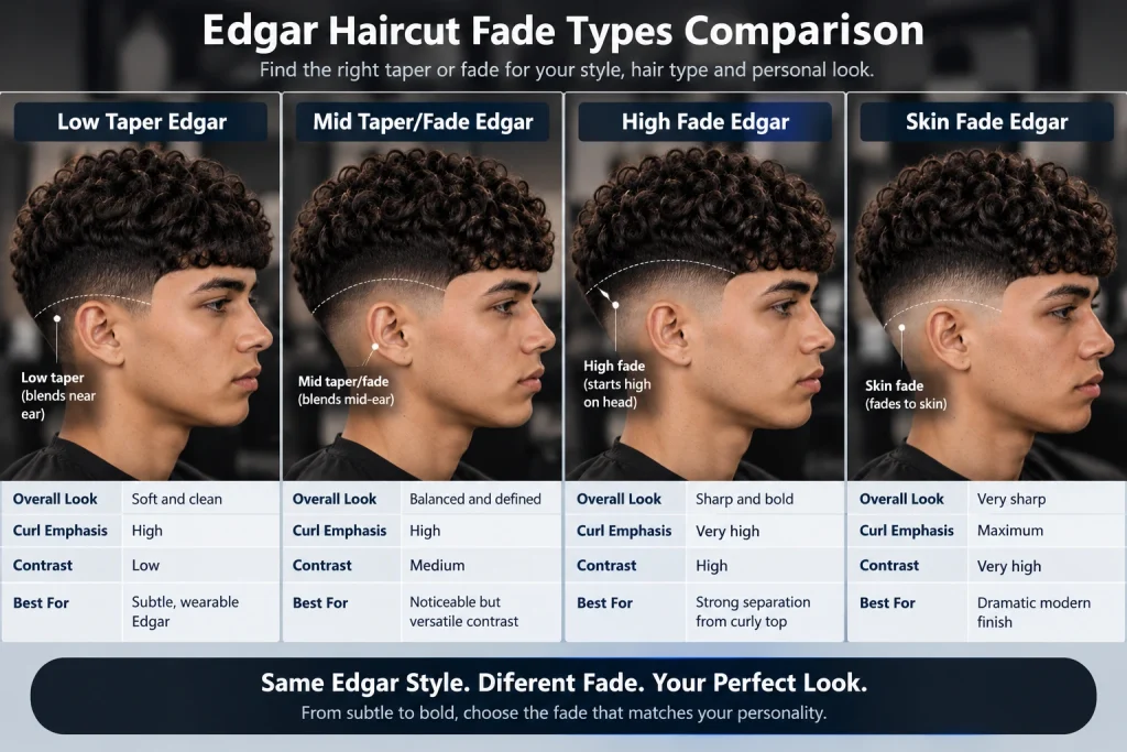 Comparison of Low Taper, Mid Taper Fade, High Fade, and Skin Fade Edgar haircuts with curly hair