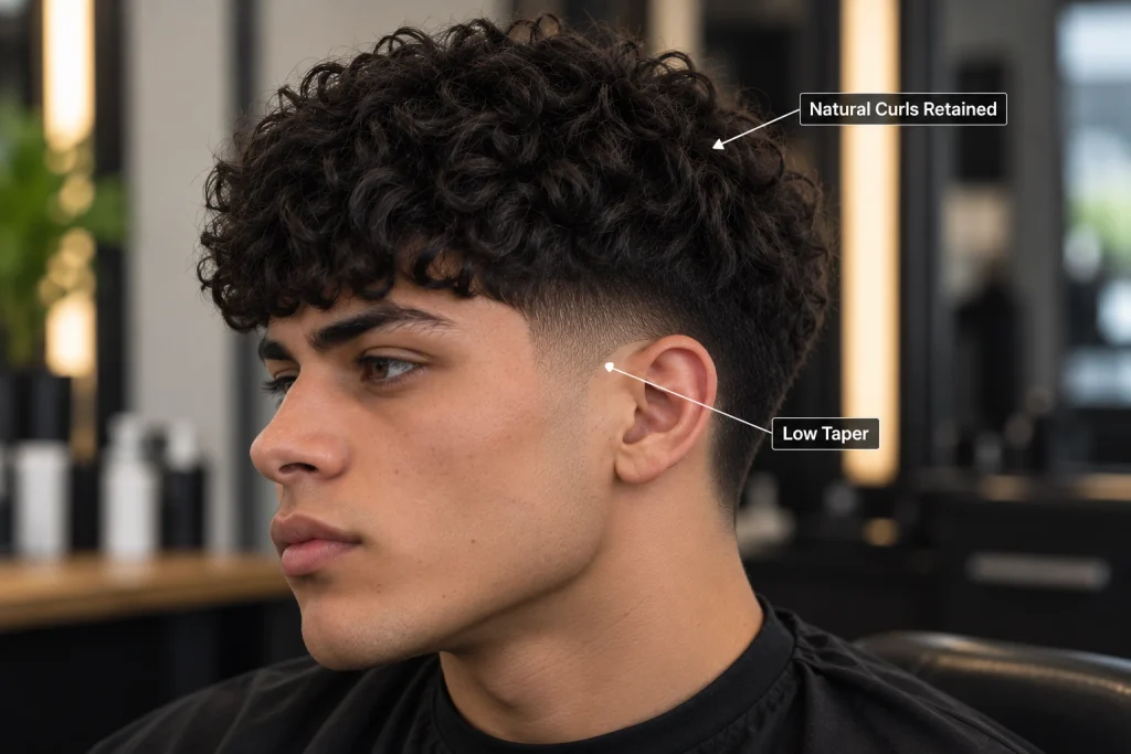 Curly Low Taper Edgar haircut showing retained natural curls and a low taper