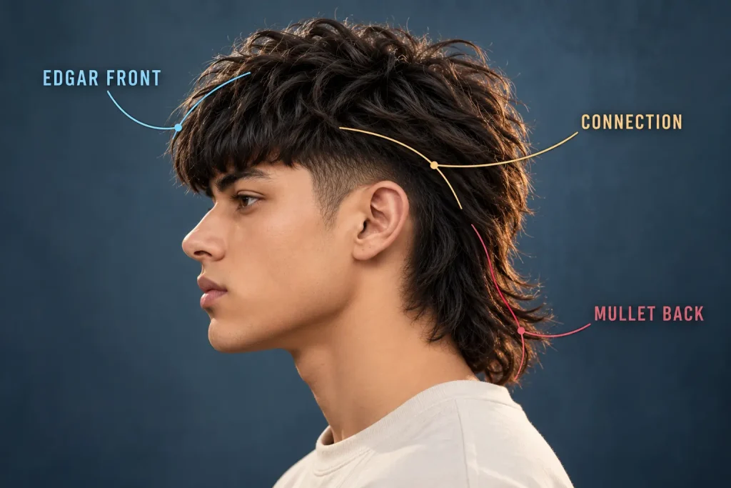 Edgar Mullet anatomy showing Edgar front, connection and mullet back