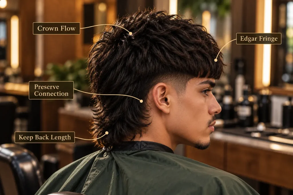 Edgar Mullet barber reference showing fringe crown connection and back length