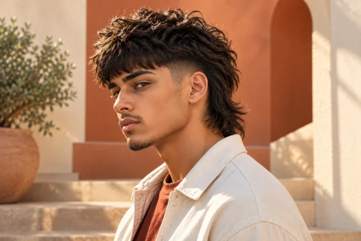 Modern Edgar Mullet haircut with textured fringe and longer back