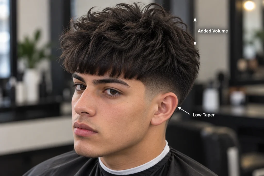 

Fluffy Low Taper Edgar haircut showing added top volume and a subtle low taper  