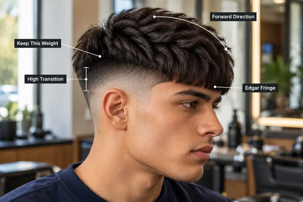 High Taper Edgar barber reference showing transition height side weight fringe and top direction