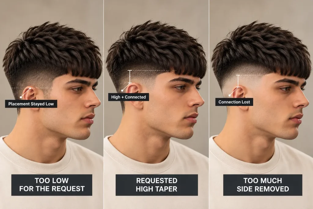 High Taper Edgar comparison showing low placement excessive side removal and correct balance