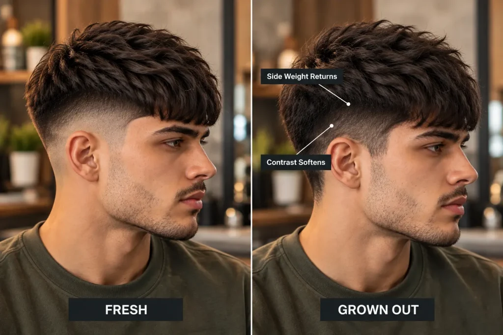 Fresh and grown-out High Taper Edgar showing reduced contrast as the sides grow