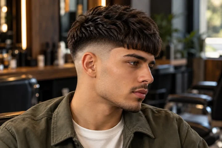 High Taper Edgar haircut with a forward fringe and high side transition