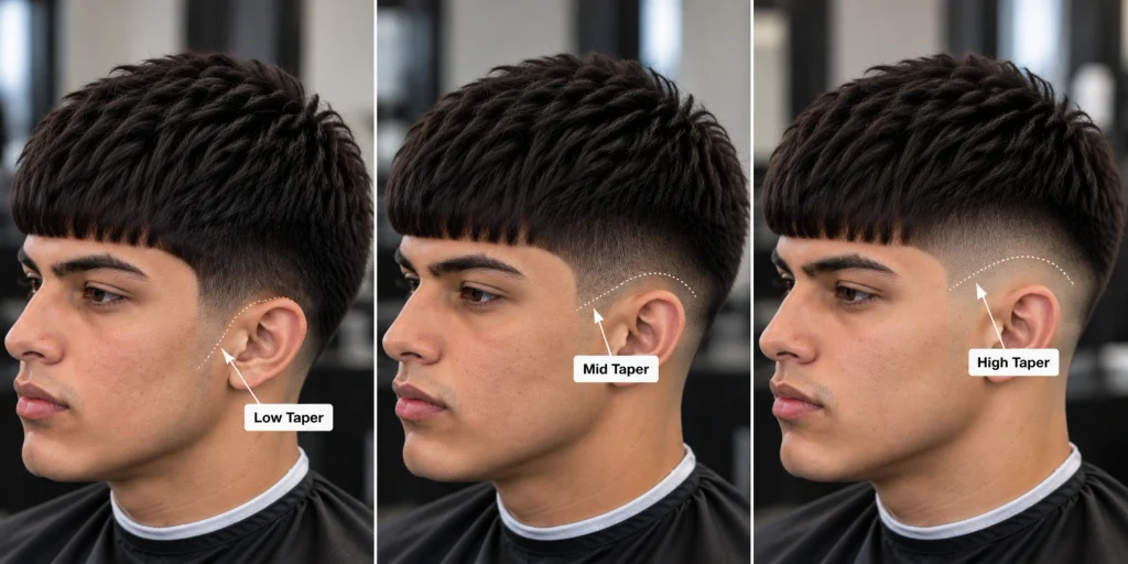 Low, mid and high taper Edgar haircut comparison showing different taper heights