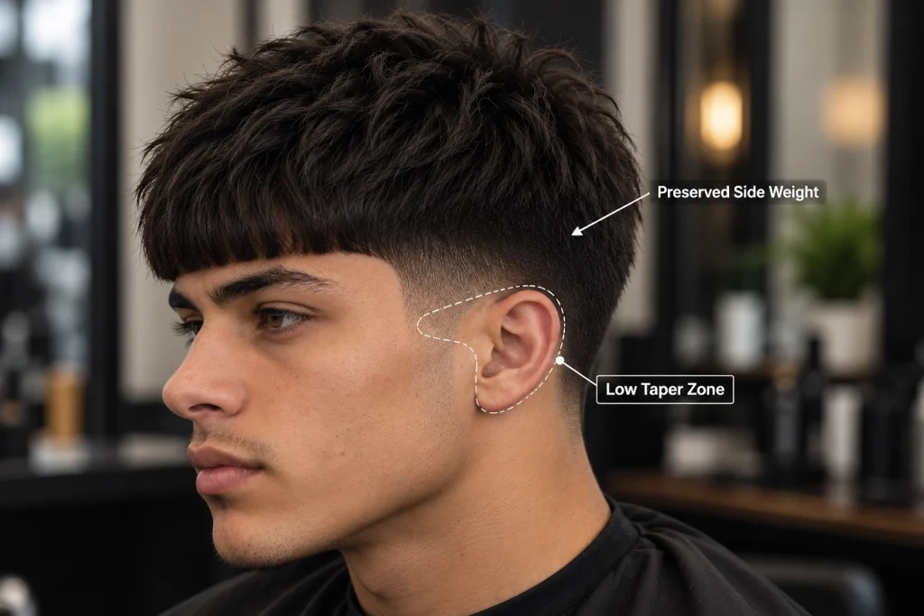 Low Taper Edgar haircut showing the low taper zone and preserved side weight