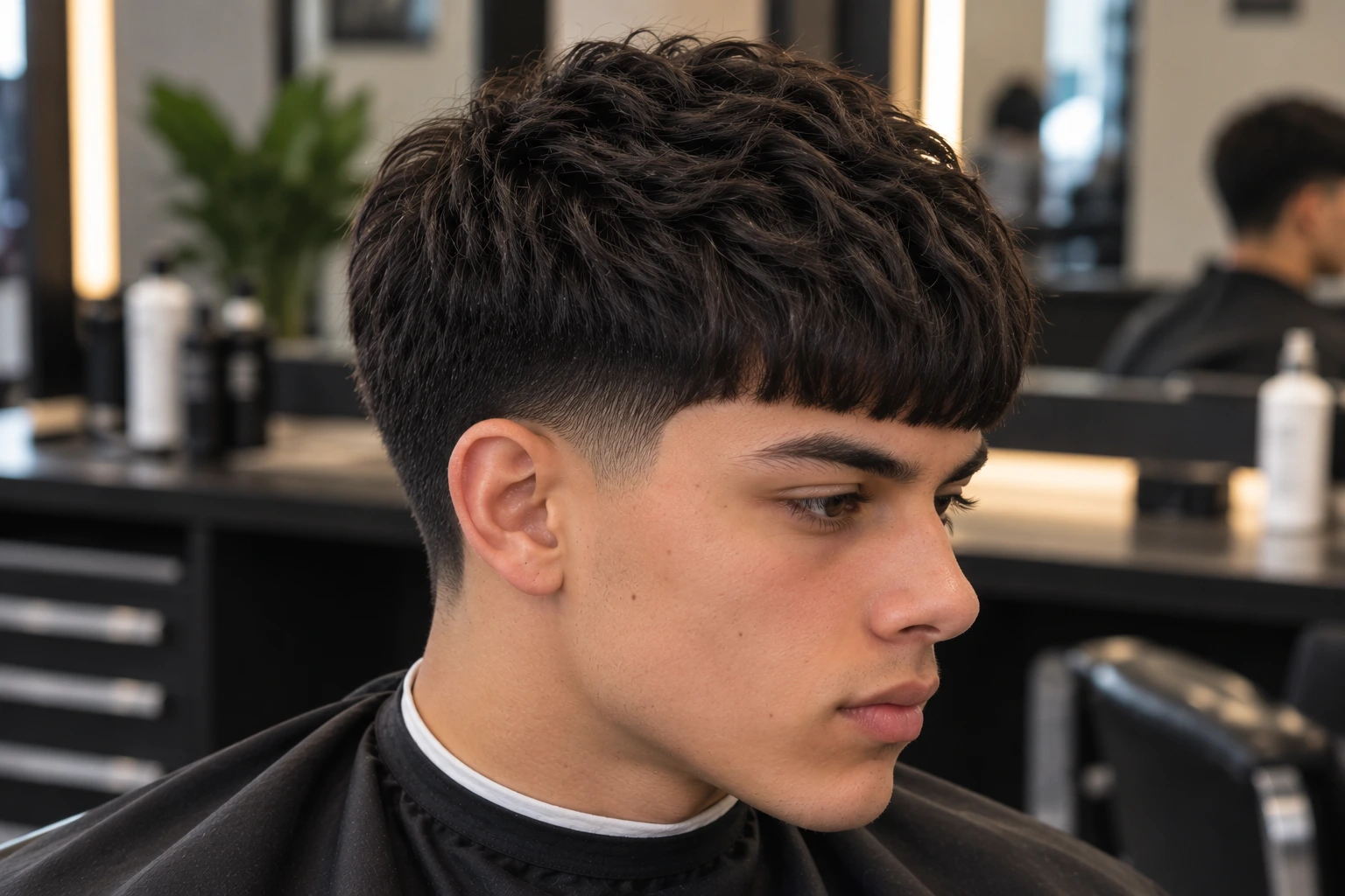 Low Taper Edgar haircut with a forward fringe and subtle taper around the sideburn