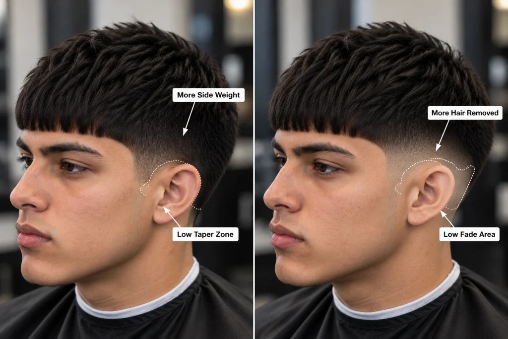 Low Taper vs Low Fade Edgar haircut showing differences in transition area and preserved side weight