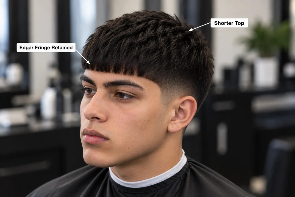 Short Low Taper Edgar haircut showing a shorter top while retaining the Edgar fringe