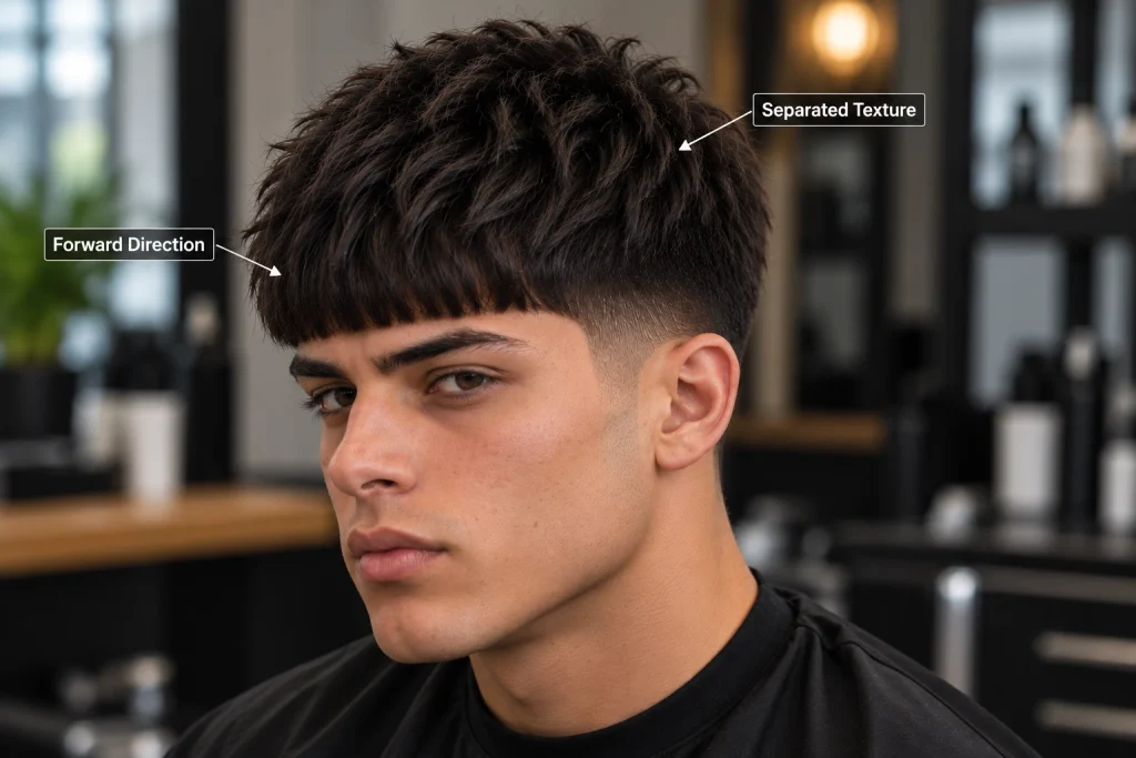 Textured Low Taper Edgar haircut showing separated top texture and forward hair direction