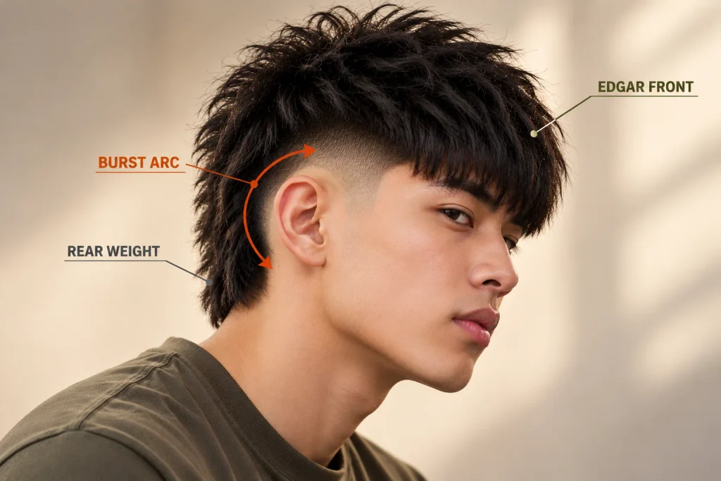 Burst Fade Edgar anatomy showing Edgar front burst arc and rear weight