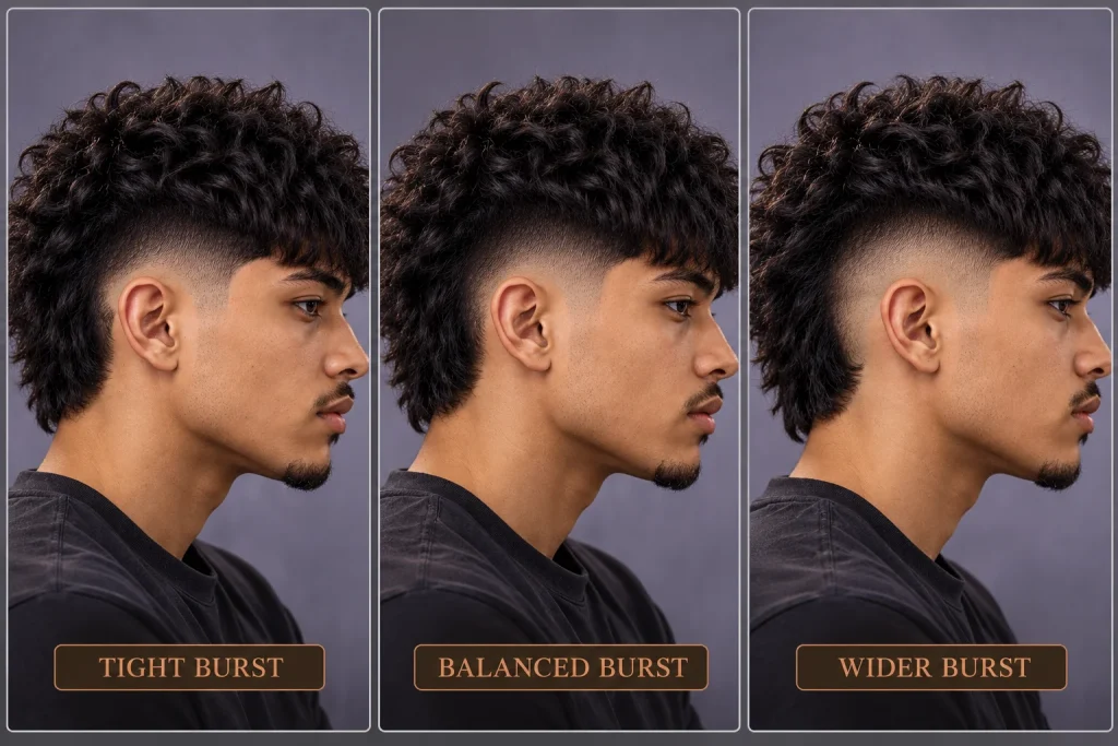 Burst Fade Edgar showing tight balanced and wider burst shapes around the ear