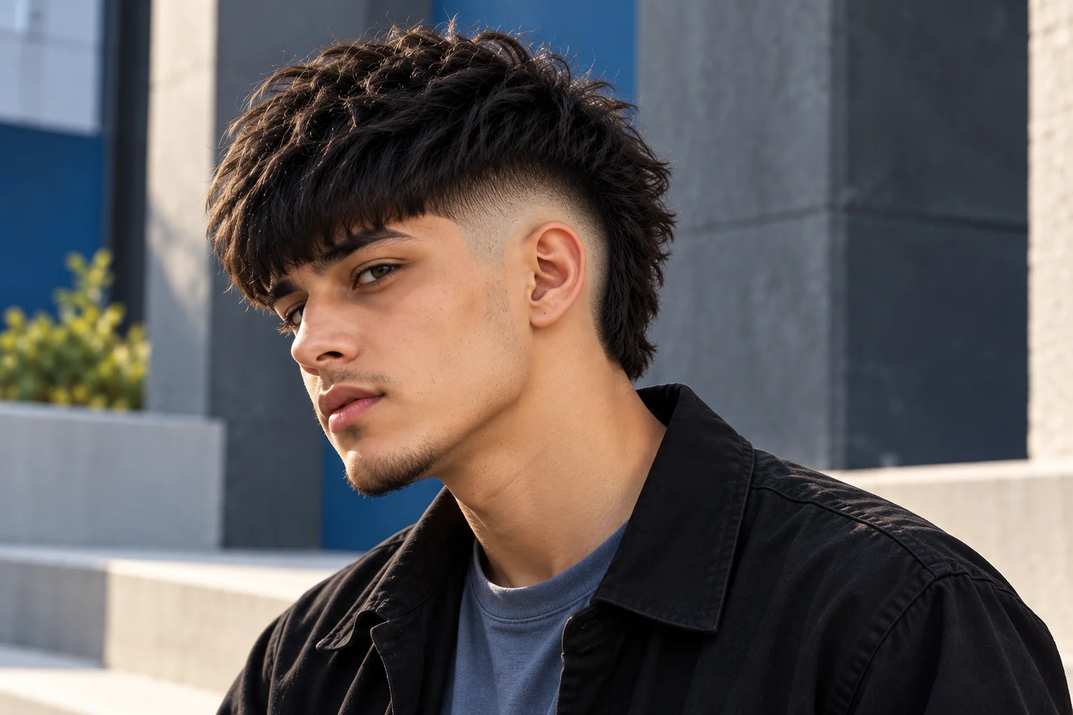 Burst Fade Edgar haircut with forward fringe and curved fade around the ear