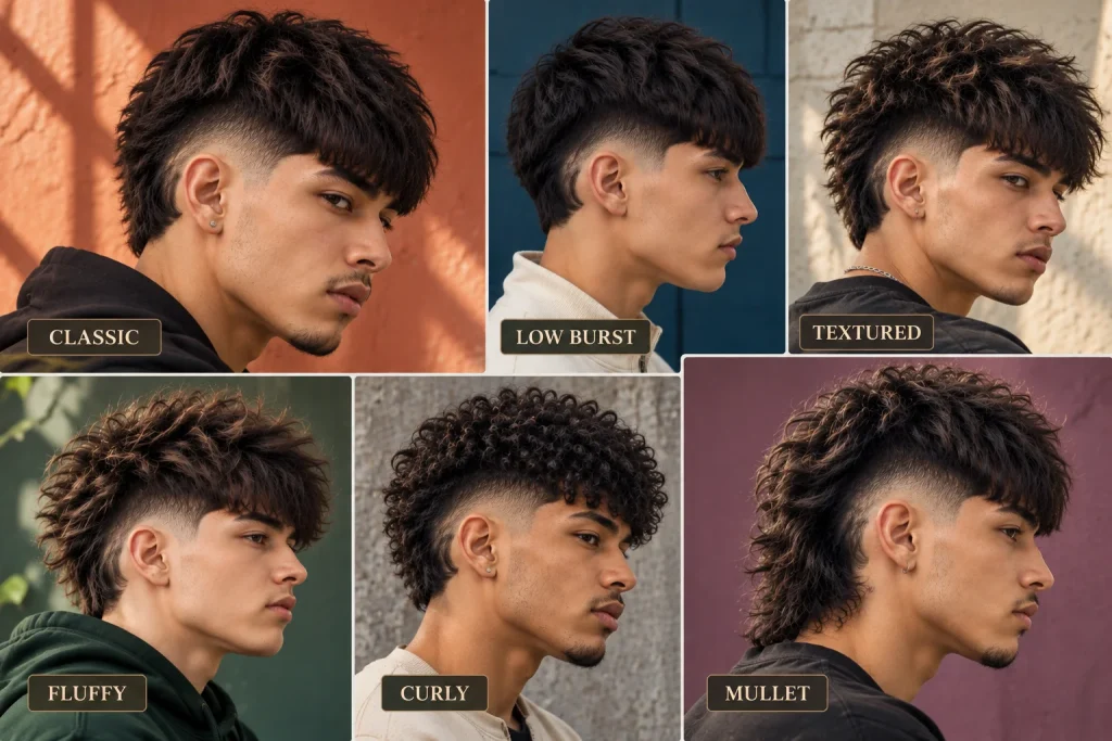 Burst Fade Edgar styles including low textured fluffy curly and mullet variations