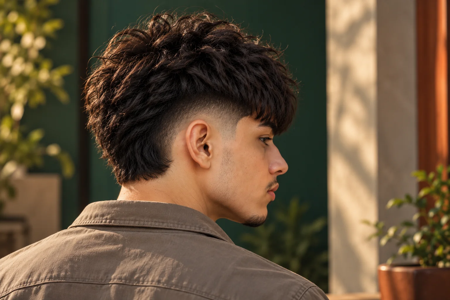 Drop Fade Edgar haircut with forward fringe and fade descending behind the ear
